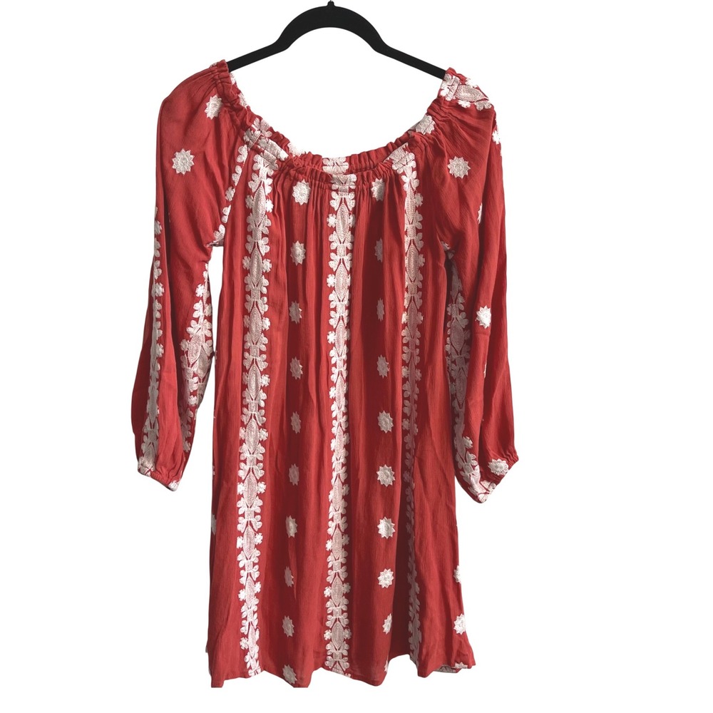 Umgee USA Embroidered Off The Shoulder Boho Orange Cotton Blend Mini Dress Small